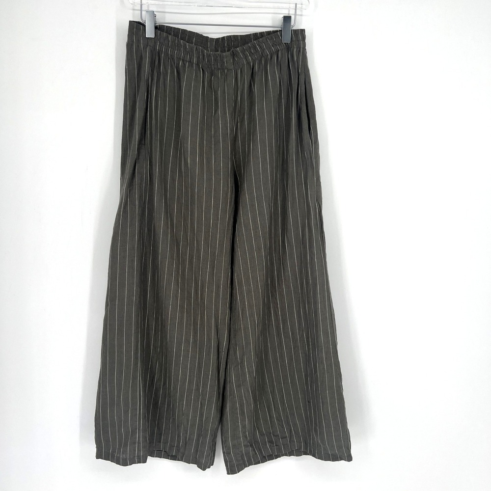 Lisa Bayne Pants Womens‎ S Linen Green Pinstripe Wide Leg Boho Relaxed